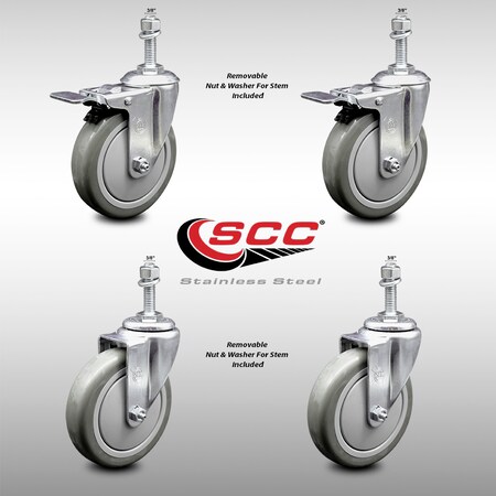 Service Caster 5 Inch SS Gray Polyurethane 3/8 Inch Threaded Stem Caster Total Lock Brake, 2PK SCC-SSTSTTL20S514-PPUB-381615-2-S-2